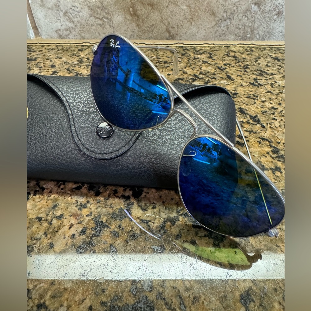 Authentic Ray Ban sunglasses with blue lenses and silver frames Aviator